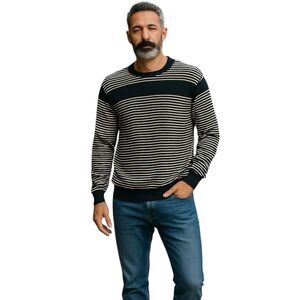 Matinique Mens Striped Merino Wool Sweater XL Black Beige Crewneck Quiet Luxury